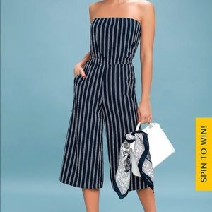 Lulus saltwater and sun navy blue striped strapless midi jumpsuit xs